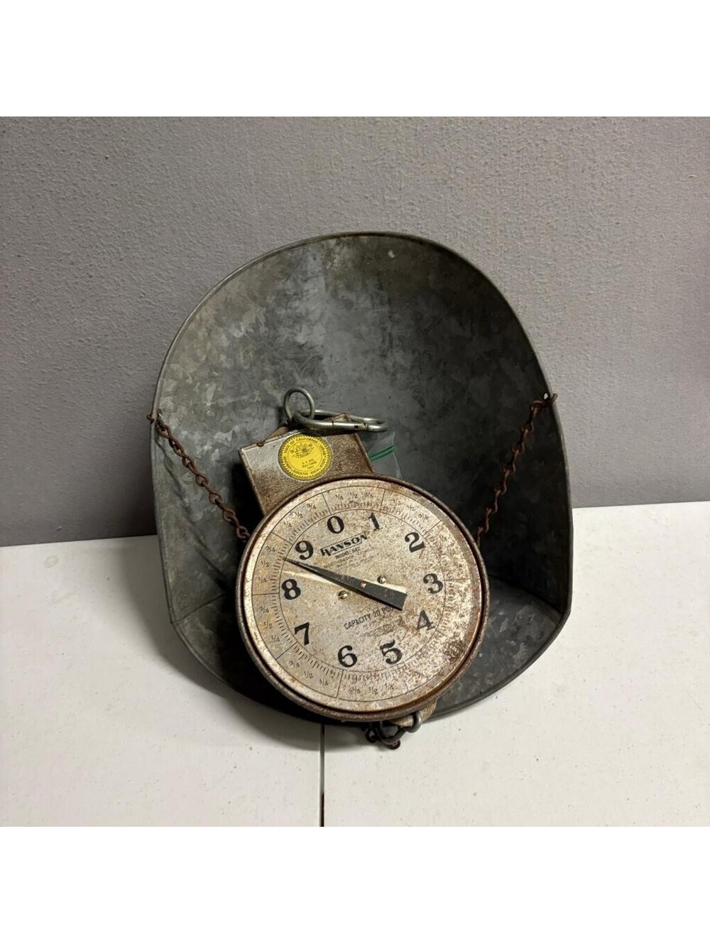 Vintage Hanson Model 842 Hanging Scale 20 Lb Capacity Galvanized Metal Scoop Pan